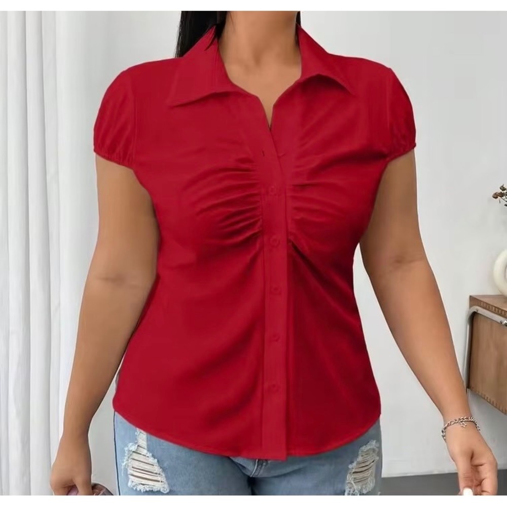 SHEIN Red Short Sleeve Ruched Button Down Blouse Puff Sleeve Top